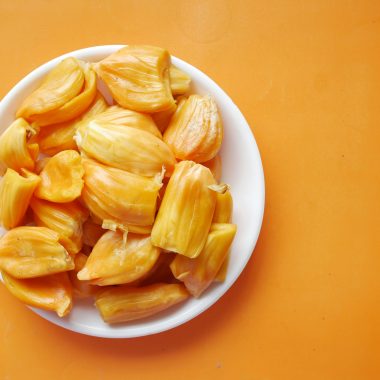 top view of slice of jackfruits in a bowl on table